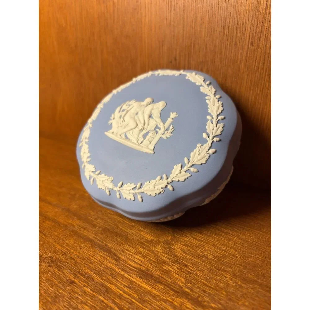 Vintage Wedgwood Blue Jasperware Trinket Box Classical Figures Made in England